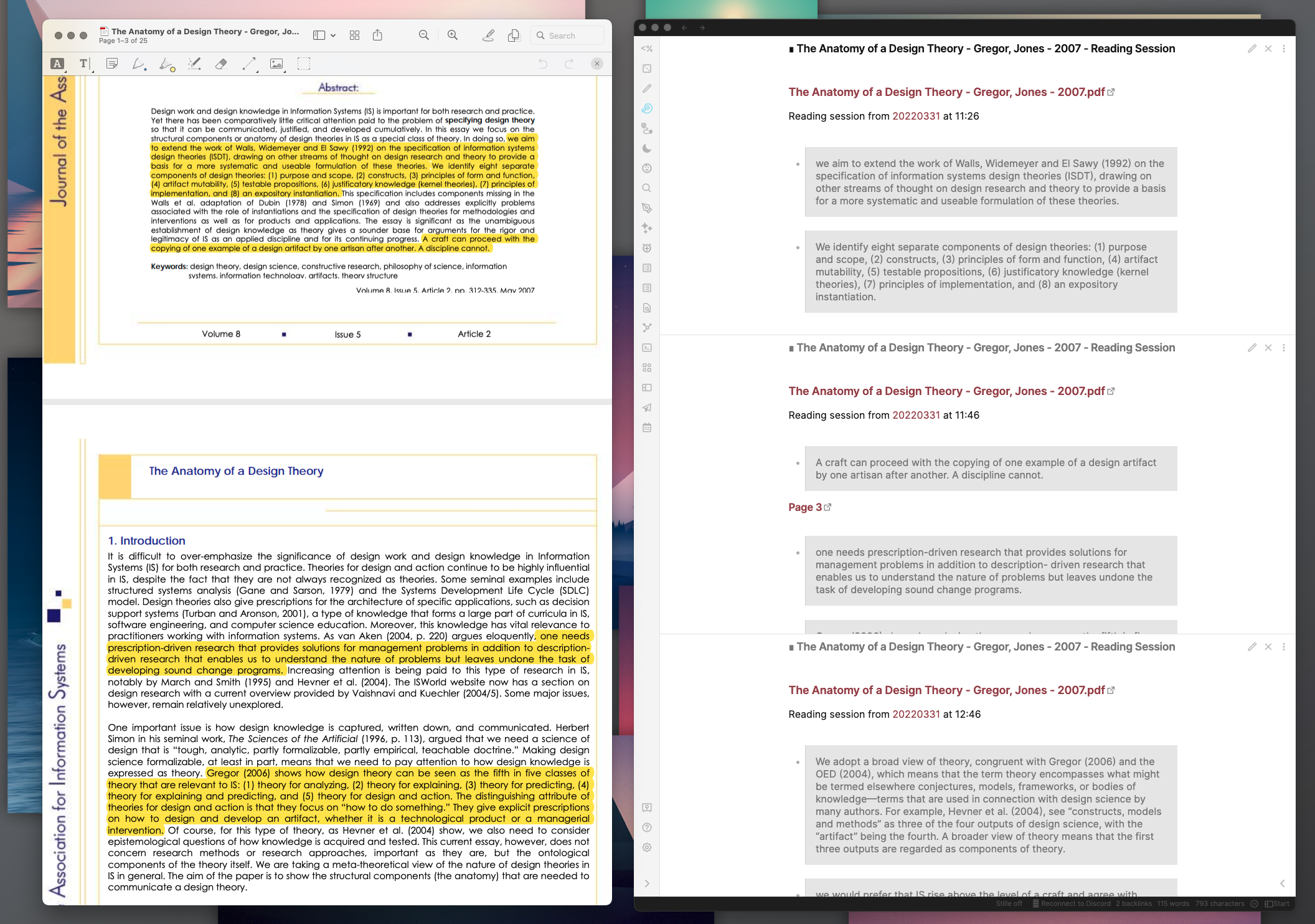 An example annotated PDF on the left, and some samples of extracted reading sessions from that PDF on the right, viewed in Obsidian.