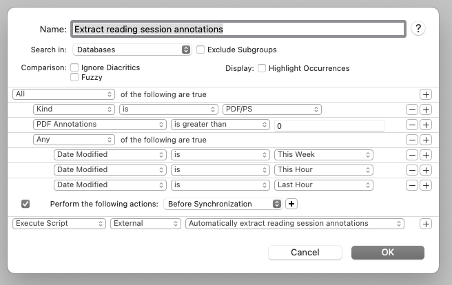 The configuration for the &ldquo;Extract reading session annotations&rdquo; Smart Rule